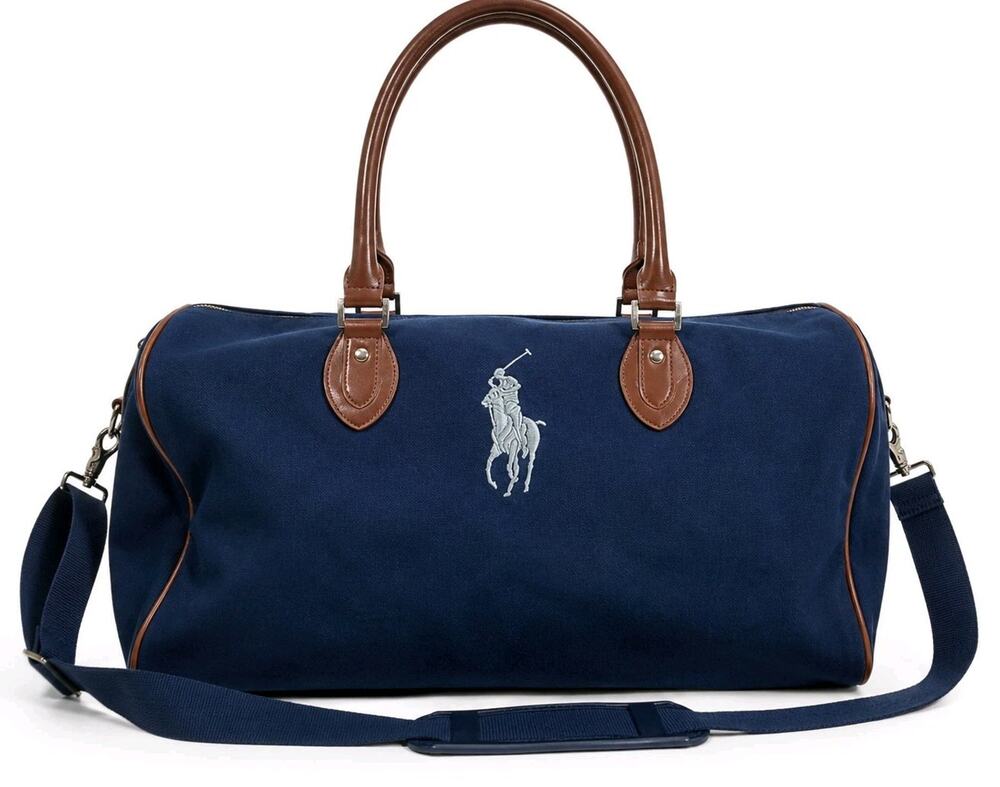 Vtg Polo Ralph Lauren Big Pony Canvas Overnight Weekender Duffle Bag Blue Brown